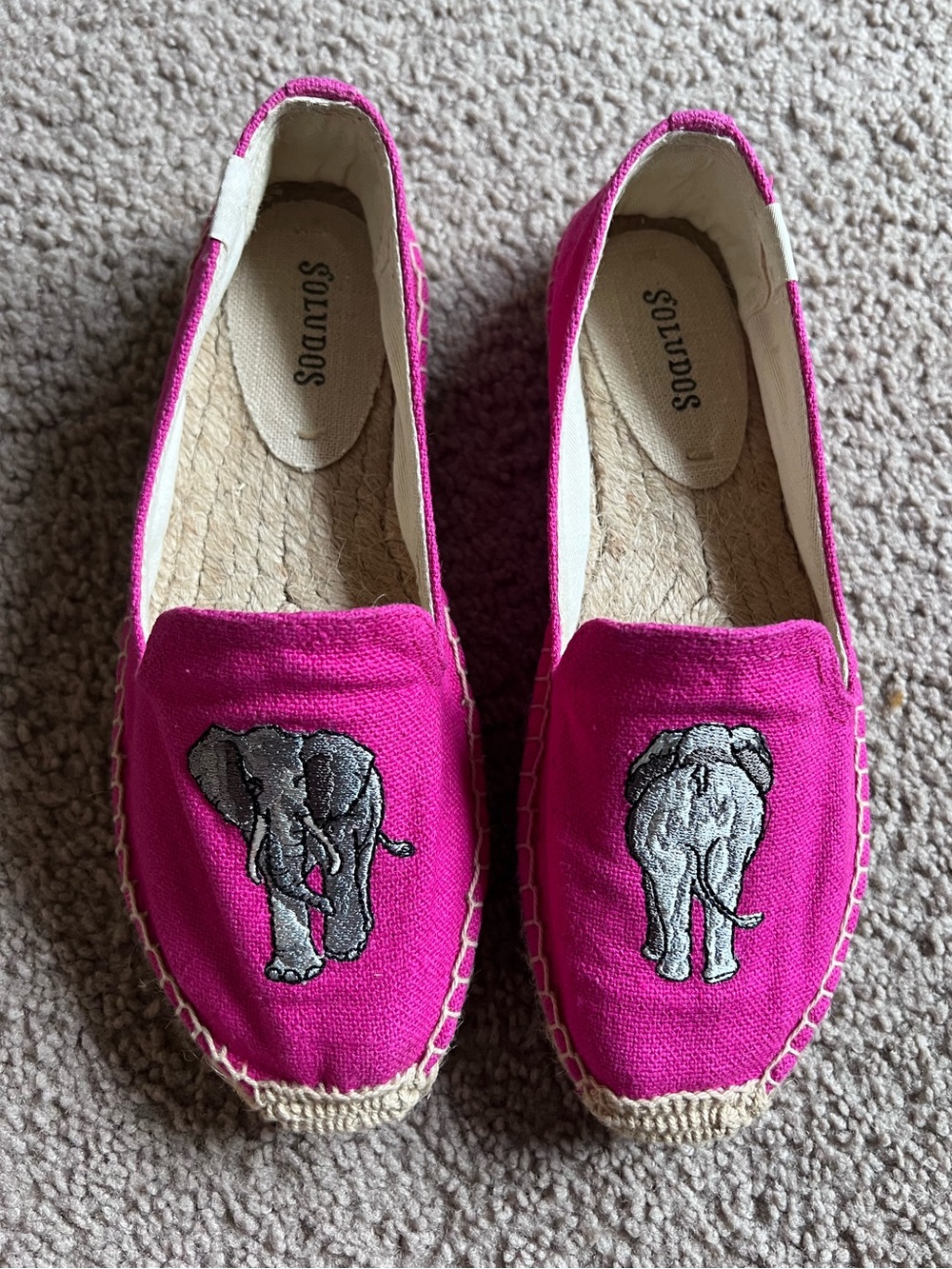 Soludos Hot Pink Embroidered Elephant Canvas Smoking Slipper Espadrilles Size 7